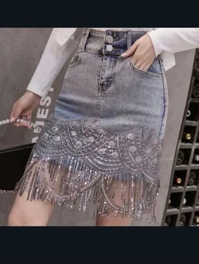 Stunning Sequin Fringe Denim Mini Skirt - Boho Glam Style